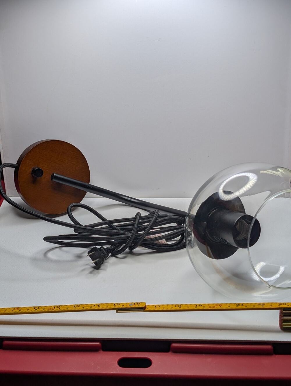 Modern Wall Sconce Wood Black Metal Clear Glass Globe Plug In Light Fixture